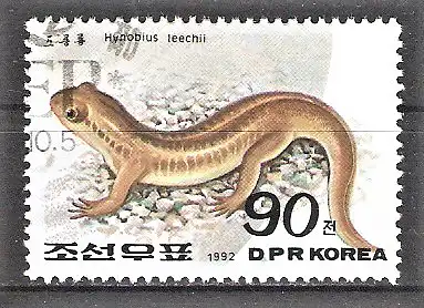 Briefmarke Korea-Nord Mi.Nr. 3351 o Internationaler Tag der Umwelt 1992 / Winkelzahnmolch (Hynobius leechii)
