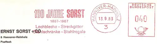 Freistempel Hannover-Hainholz - 100 Jahre SORST 1867-1967/ Lochbleche Streckgitter Stahlschränke Stahlregale (#2804)