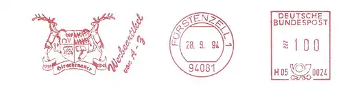 Freistempel H05 0024 Fürstenzell - Hirschenauer Werbeartikel von A-Z (Abb. Wappen) (#2764)