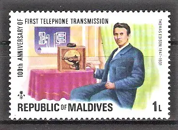 Briefmarke Malediven Mi.Nr. 651 ** 100 Jahre Telefon 1976 / Thomas Alva Edison (1847-1931)