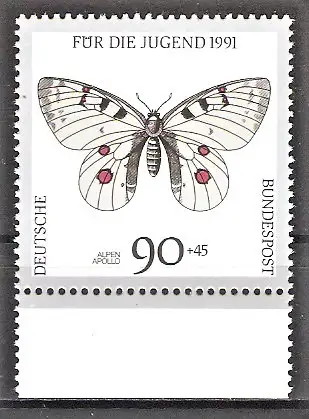 Briefmarke BRD Mi.Nr. 1517 ** Unterrand - Gefährdete Schmetterlinge 1991 / Alpen-Apollo (Parnassius apollo)