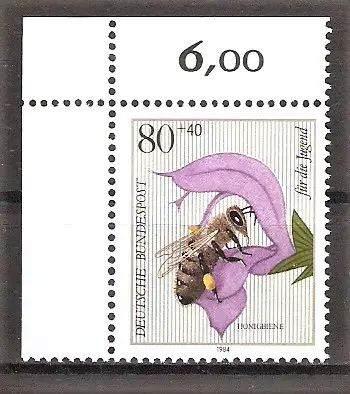 Briefmarke BRD Mi.Nr. 1204 ** Bogenecke oben links - Bestäuberinsekten 1984 / Honigbiene (Apis mellifera)