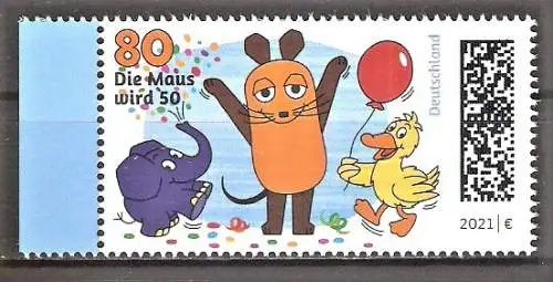 Briefmarke BRD Mi.Nr. 3596 ** Seitenrand links - 50 Jahre Kinderfernsehserie „Die Sendung mit der Maus“ 2021