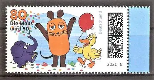 Briefmarke BRD Mi.Nr. 3596 ** Seitenrand rechts - 50 Jahre Kinderfernsehserie „Die Sendung mit der Maus“ 2021