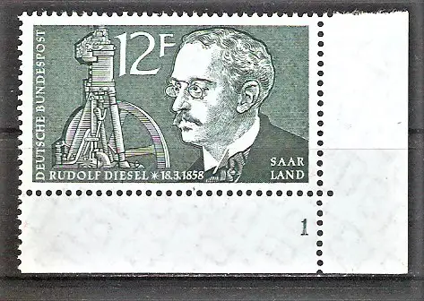 Briefmarke Saar Mi.Nr. 432 ** BOGENECKE u.r. mit FORMNUMMER 1 / Rudolf Diesel 1958