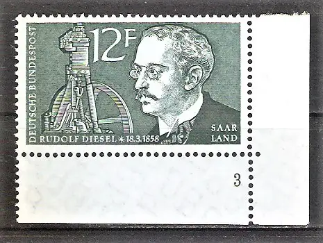 Briefmarke Saar Mi.Nr. 432 ** BOGENECKE u.r. mit FORMNUMMER 3 / Rudolf Diesel 1958