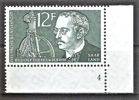 Briefmarke Saar Mi.Nr. 432 ** BOGENECKE u.r. mit FORMNUMMER 4 / Rudolf Diesel 1958