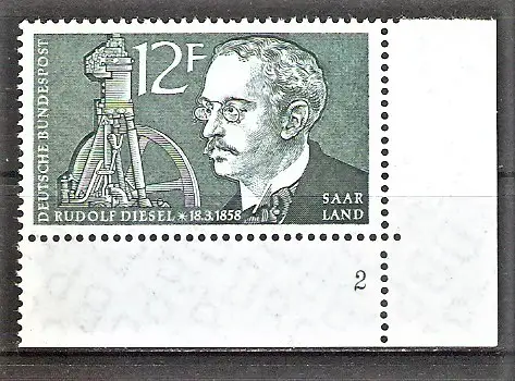 Briefmarke Saar Mi.Nr. 432 ** BOGENECKE u.r. mit FORMNUMMER 2 / Rudolf Diesel 1958