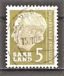 Briefmarke Saar Mi.Nr. 384 o 5 Fr. Bundespräsident Theodor Heuss 1957