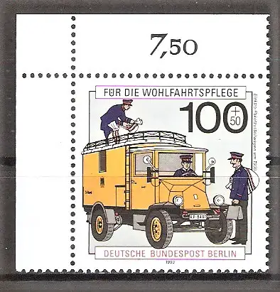 Briefmarke Berlin Mi.Nr. 878 ** BOGENECKE o.l. Wohlfahrt 1990 - Geschichte der Post und Telekommunikation