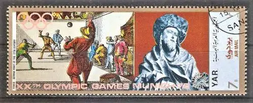 Briefmarke Jemen-Nord (Arab. Republik) Mi.Nr. 1377 o Olympiastadt München - Sport im Mittelalter - Skulpturen 1970 / Tennisspiel