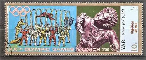 Briefmarke Jemen-Nord (Arab. Republik) Mi.Nr. 1378 o Olympiastadt München - Sport im Mittelalter - Skulpturen 1970 / Reifenspringen