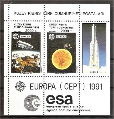Briefmarke Türkisch-Zypern Block 9 ** (Mi.Nr. 303-304) Europa CEPT – Europäische Weltraumfahrt 1991