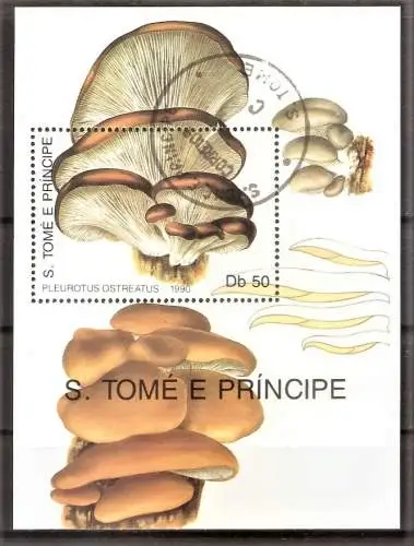 Briefmarke Sao Tome & Principe Block 236 o (Mi.Nr. 1189) Pilze 1990 / Austernseitling - Pleurotus ostreatus