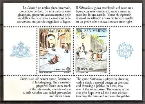 Briefmarke San Marino Block 12 ** (Mi.Nr. 1407-1408) Europa CEPT 1989 / Kinderspiele