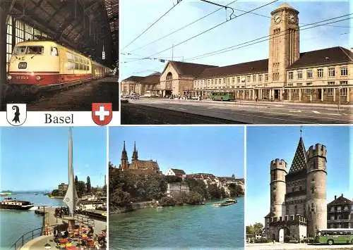Ansichtskarte Schweiz - Basel - Mehrbildkarte mit DB E-Lok BR 103 172-3 im Bahnhof Basel, Badischer Bahnhof, Dreiländerecke, Münster.. (1896)