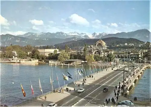 Ansichtskarte Schweiz - Luzern / Seebrücke mit den Alpen (1892)