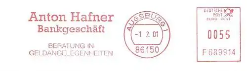 Freistempel F689914 Augsburg - Bankgeschäft Anton Hafner - Beratung in Geldangelegenheiten (#2603)