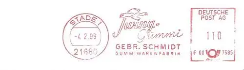 Freistempel F00 7585 Stade - Gebr. Schmidt Gummiwarenfabrik / Swing-Gummi (Abb. Vogel) (#2510)