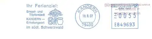 Freistempel E849693 Kandern - Ihr Ferienziel: Brezel- und Töpferstadt Kandern (Abb. Blumenstrauss, Brezel, Krug) (#2460)
