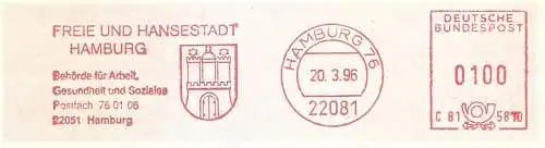 Freistempel C81 5810 Hamburg - Freie und Hansestadt Hamburg - Behörde für Arbeit, Gesundheit und Soziales (Abb. Wappen) (#2418)