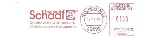 Freistempel F77 9538 Solingen - Eberhard Schaaf / Goldhamster Schneidwaren (Abb. Goldhamster) (#2397)