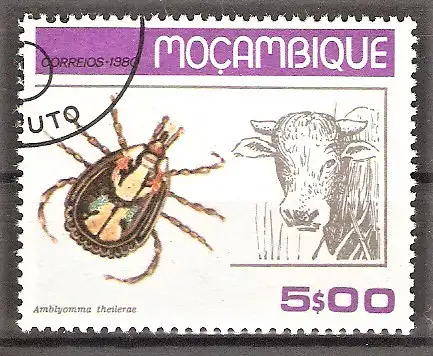 Briefmarke Mocambique Mi.Nr. 741 o Zecken und ihre Wirtstiere 1980 / Zecke (Amblyomma theilerae) & Rind