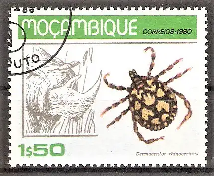 Briefmarke Mocambique Mi.Nr. 738 o Zecke (Dermacentor rhinocerinus) & Nashorn