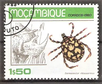 Briefmarke Mocambique Mi.Nr. 738 o Zecken und ihre Wirtstiere 1980 / Zecke (Dermacentor rhinocerinus) & Nashorn