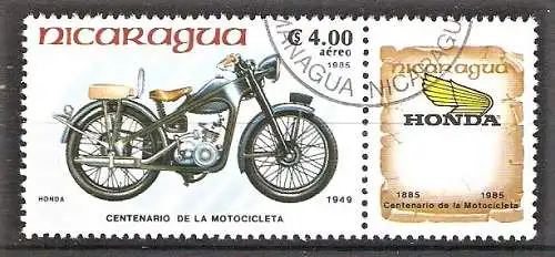 Briefmarke Nicaragua Mi.Nr. 2572 o mit Zierfeld 100 Jahre Motorrad 1985 / Honda