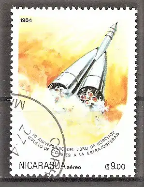 Briefmarke Nicaragua Mi.Nr. 2503 o Jahrestage der Weltraumfahrt 1984 / Zeichnung einer Rakete