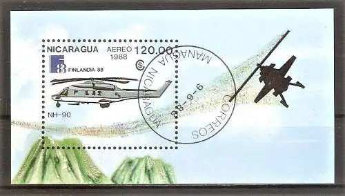 Briefmarke Nicaragua Block 180 o (Mi.Nr. 2886) Internationale Briefmarkenausstellung FINLANDIA 1988 / Hubschrauber B-206, B-JR III