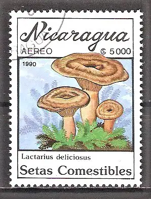 Briefmarke Nicaragua Mi.Nr. 3003 o Pilze 1990 / Edel-Reizker (Lactarius deliciosus)