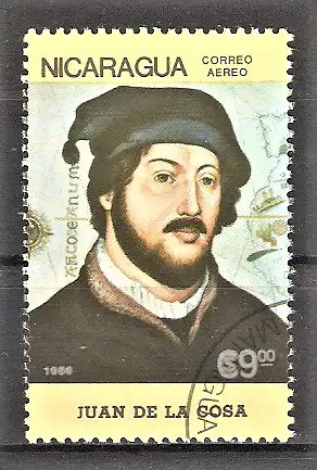 Briefmarke Nicaragua Mi.Nr. 2706 o 500. Jahrestag der Entdeckung von Amerika 1986 / Juan de la Cosa (Kartograph)