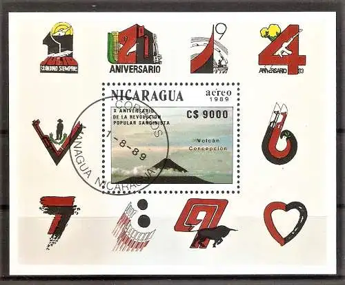 Briefmarke Nicaragua Block 188 o (Mi.Nr. 2976) 10. Jahrestag der sandinistischen Revolution 1989 / Vulkan Concepción