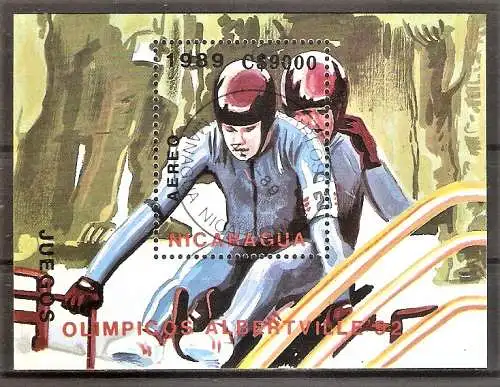 Briefmarke Nicaragua Block 185 o (Mi.Nr. 2958) Olympische Winterspiele Albertville 1992 / Rennrodeln