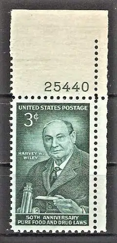 Briefmarke USA Mi.Nr. 702 ** Bogenecke oben rechts mit Plattennummer / Harvey Washington Wiley 1956 / Arzt und Chemiker
