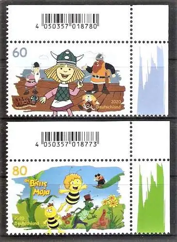Briefmarke BRD Mi.Nr. 3576-3577 ** BOGENECKEN o.r. Helden der Kindheit 2020 / Wickie und Biene Maja