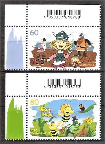 Briefmarke BRD Mi.Nr. 3576-3577 ** BOGENECKEN o.l. Helden der Kindheit 2020 / Wickie und Biene Maja