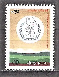 Briefmarke Nepal Mi.Nr. 475 ** Jahr des Friedens 1986 / Emblem & Landschaft