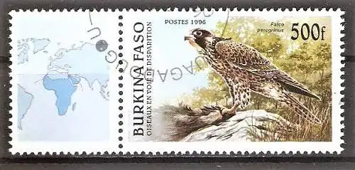 Briefmarke Burkina Faso Mi.Nr. 1406 o mit Zierfeld / Vögel 1996 - Wanderfalke (Falco peregrinus)