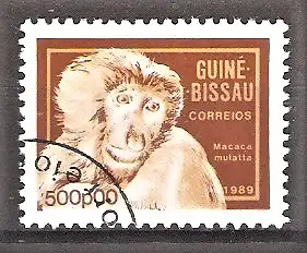 Briefmarke Guinea-Bissau Mi.Nr. 1100 o Tiere 1989 / Rhesusaffe (Macaca mulatta)