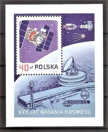 Briefmarke Polen Mi.Nr. 3122 ** / Block 105 ** 30 Jahre Weltraumfahrt 1987 / Fernmeldesatellit „Stacionar 4“