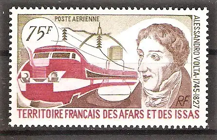 Briefmarke Afar und Issa Mi.Nr. 170 ** Erfinder 1977 / Alessandro Graf Volta (Italienischer Physiker) & Elektrischer Schnellzug
