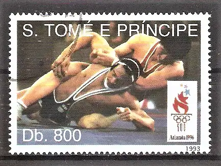 Briefmarke Sao Tome & Principe Mi.Nr. 1458 o Olympische Sommerspiele Atlanta 1996 / Ringen