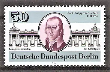Briefmarke Berlin Mi.Nr. 639 ** Karl Philipp von Gontard 1981 / Architekt & Königskolonnaden am Kleist-Park