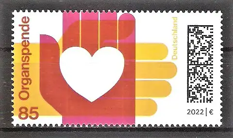 Briefmarke BRD Mi.Nr. 3693 ** Organspende 2022 / Zwei Hände halten Herz