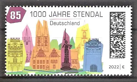 Briefmarke BRD Mi.Nr. 3698 ** 1000 Jahre Stendal 2022 / Uenglinger Tor, St. Petri, St. Marien mit Rathaus, Roland-Säule, St. Jacobi