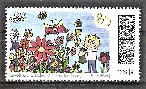 Briefmarke BRD Mi.Nr. 3701 ** Umweltschutz 2022 - Kinder malen eine Briefmarke / Junge sät Blumen für Insekten