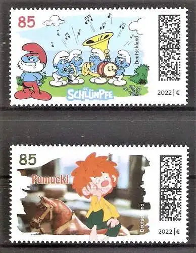 Briefmarke BRD Mi.Nr. 3717-3718 ** Helden der Kindheit 2022 / Die Schlümpfe und Meister Eder und sein Pumuckl / Kompletter Satz !